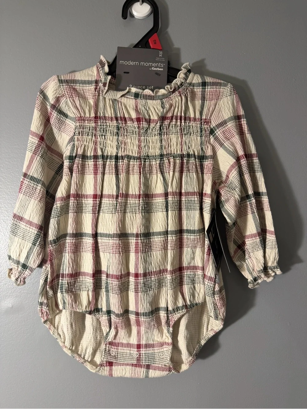 modern moments Plaid Cream & Burgundy Baby Girl Matching Set